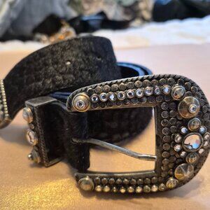 MICHAEL MORRISON-Black Hide Leather Belt with crystals on buckle, end tip & loop